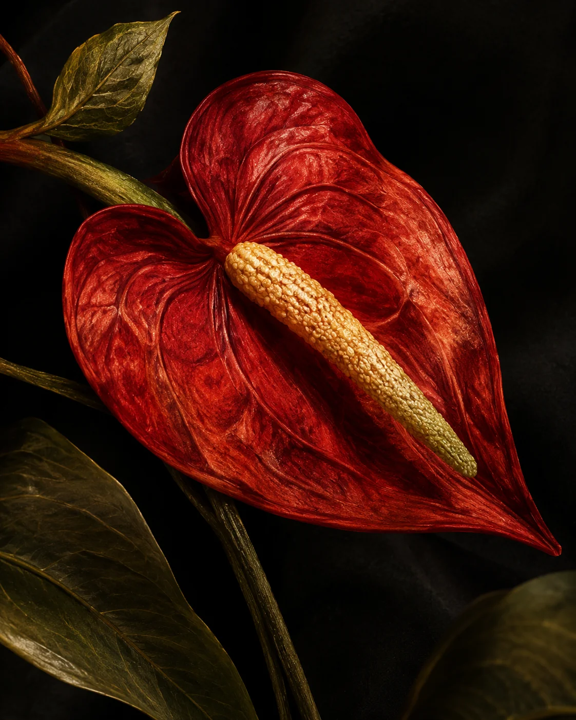 A red anthurium bloom on dark fabric — the signature motif