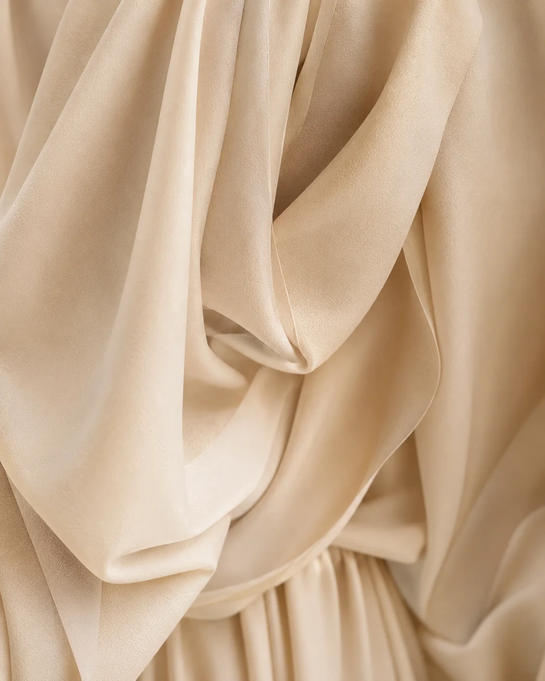 Soft champagne silk fabric drape — natural materials chosen for movement